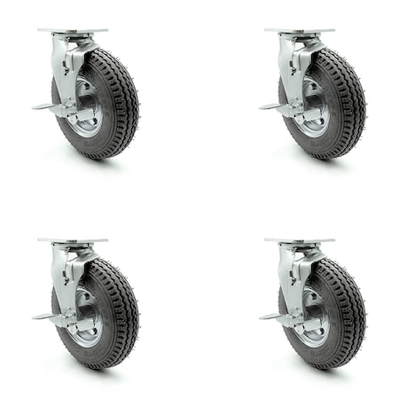 8 Inch Gray Pneumatic Wheel Swivel Casters With Brakes And Bolt Swivel Lock Set